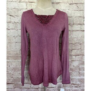 Mudd Juniors Long Sleeve Top Shirt Merlot Strappy Braided V- Neck Size Small NEW